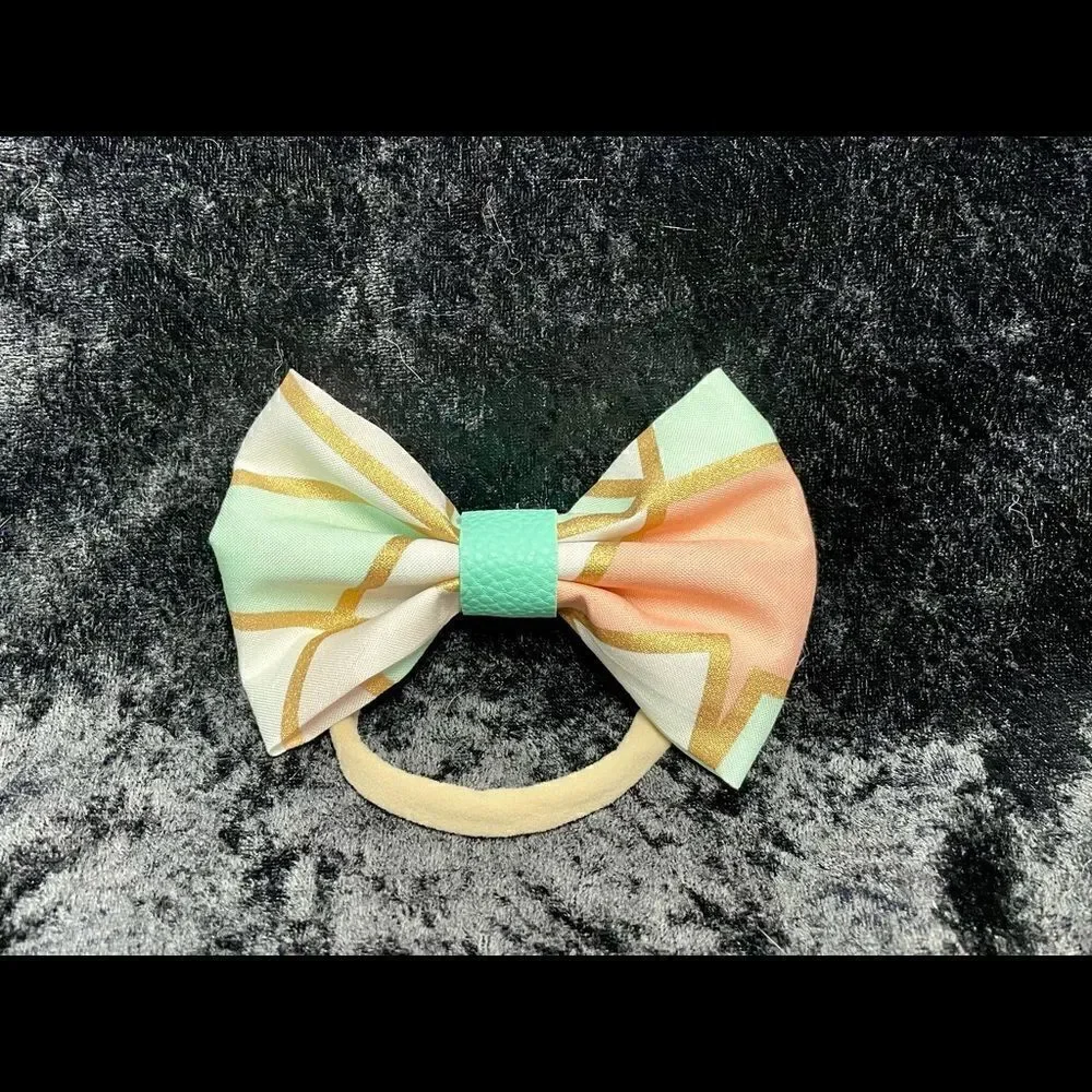 Handmade Geometric teal, pink and gold Bow